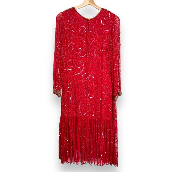 Vintage Gold Star Red 100% Silk Fully Beaded Midi Length Dress Women's Size S - Picture 2 of 15